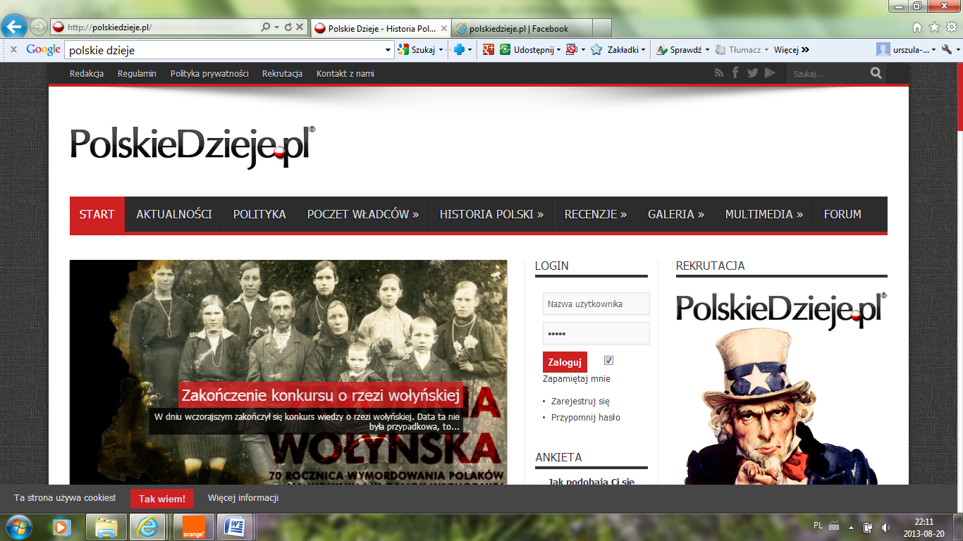 Fig. 1. The print-screen of PolskieDzieje.pl with the material on the Wolyn crime and visible advertising using “uncle Sam”. 