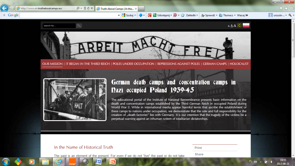 Fig. 11. The print-screen of the IPN portal on German death camps located in occupied Poland and the beginning of the below article is also visible (http://www.en.truthaboutcamps.eu/). 