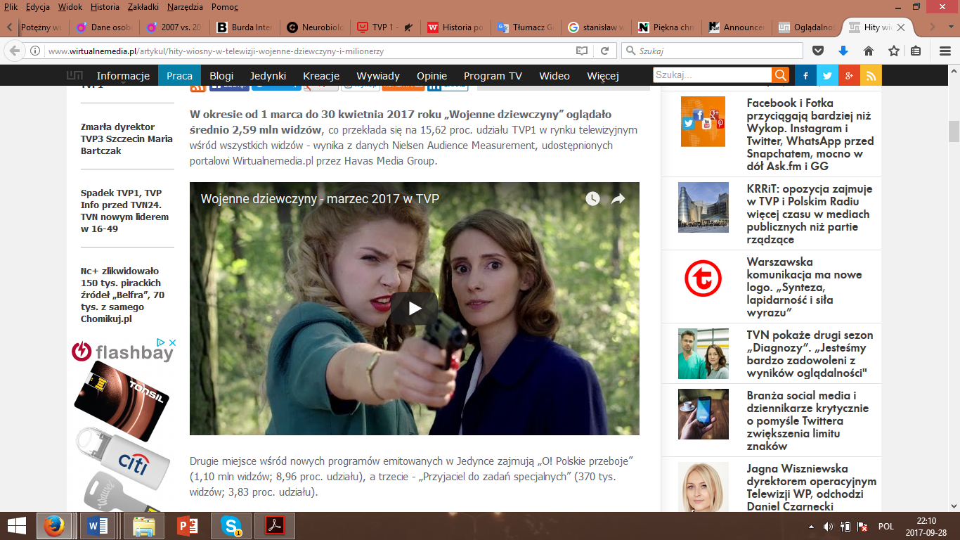 The print screen from Wirtualmedia.pl presenting the discussed data and with the clip from TV series War girls.