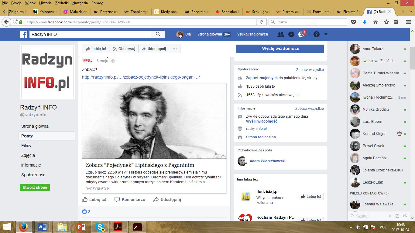 A print screen of Facebook Radzyń info.pl with the information on the Duel and Karol Lipiński.